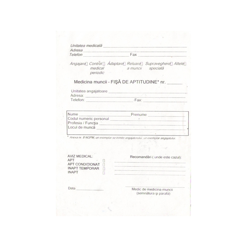 Fisa de aptitudini A5, 2 exemplare, 50/bloc
