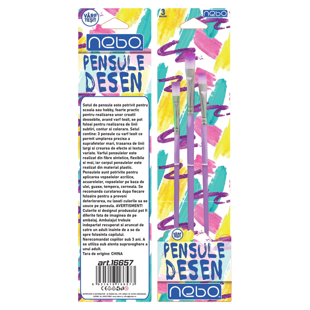 Pensule desen, culori pastel, varf tesit, 3 buc/set - NEBO - imagine 3