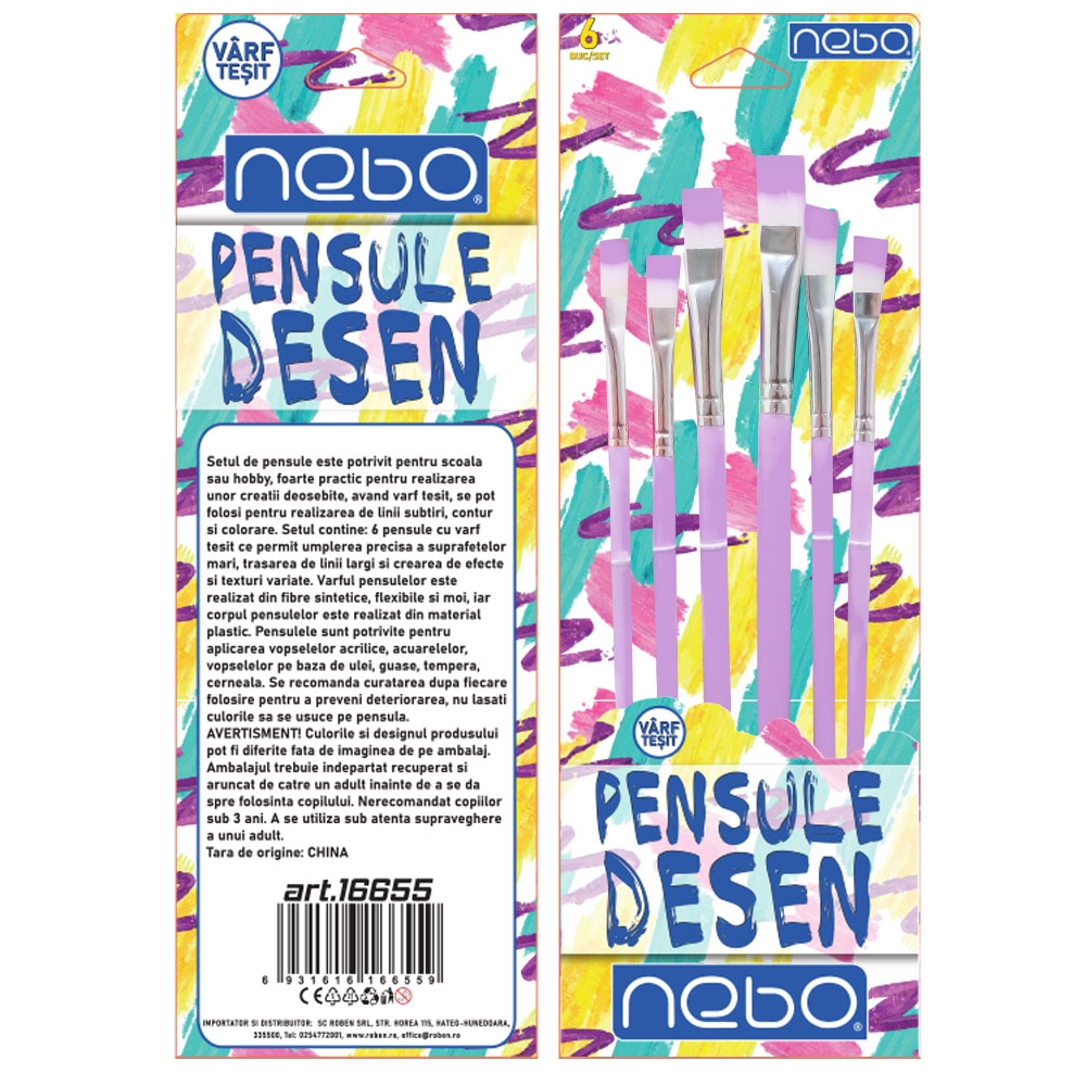 Pensule desen, culori pastel, varf tesit, 6 buc/set - NEBO - imagine 6