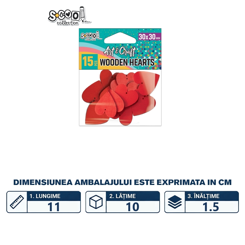 Accesorii craft, inimioare lemn, 30x30mm, 15 buc/set - S-COOL - imagine 2