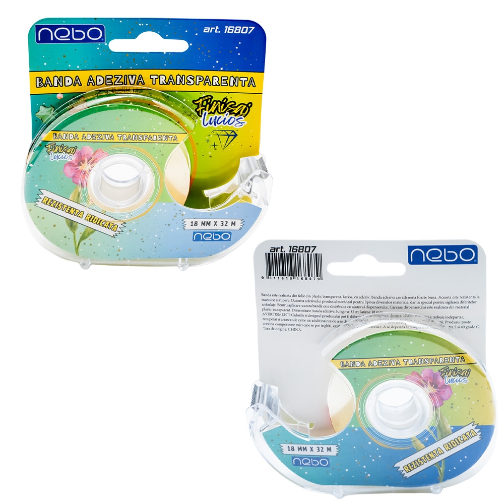 Banda adeziva transparenta, cu dispenser, 18mmx32m - NEBO - imagine 2