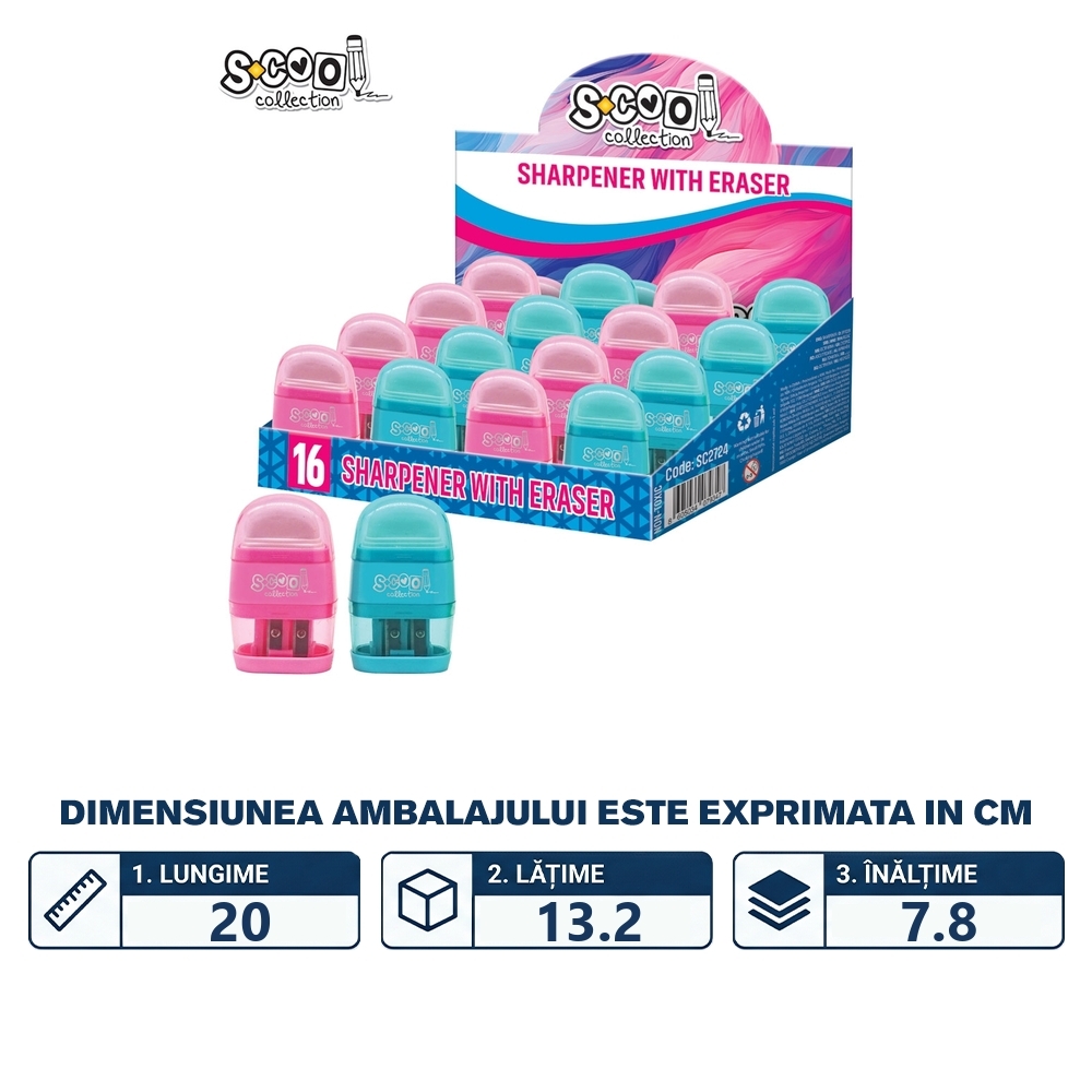 Ascutitoare dubla cu radiera, 16 buc/display - S-COOL - imagine 2