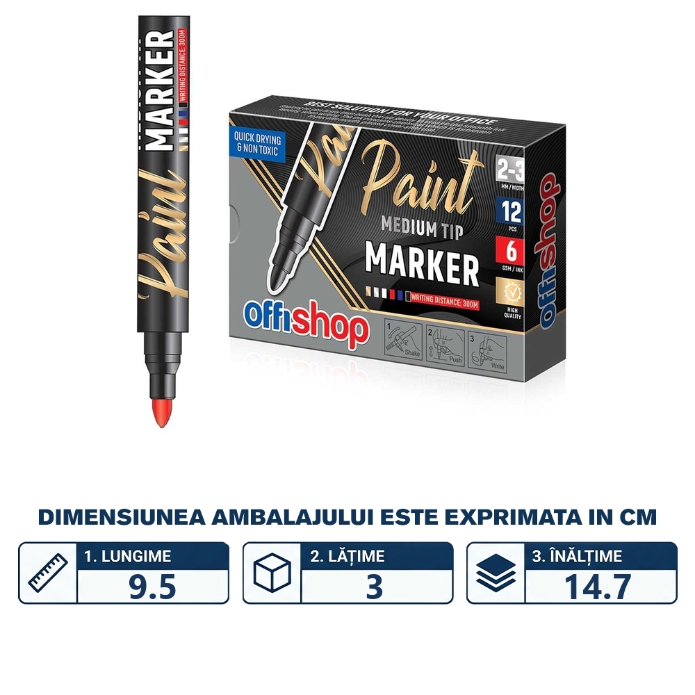 Marker permanent cu vopsea rosie, varf 2/3mm, 12 buc/cutie -OFFISHOP - imagine 2
