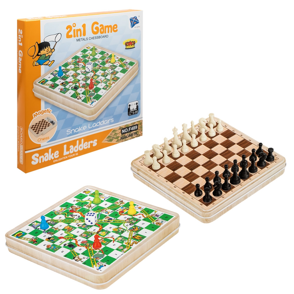 Joc 2 in 1: Sah + Serpi si scari, magnetic, in cutie metal