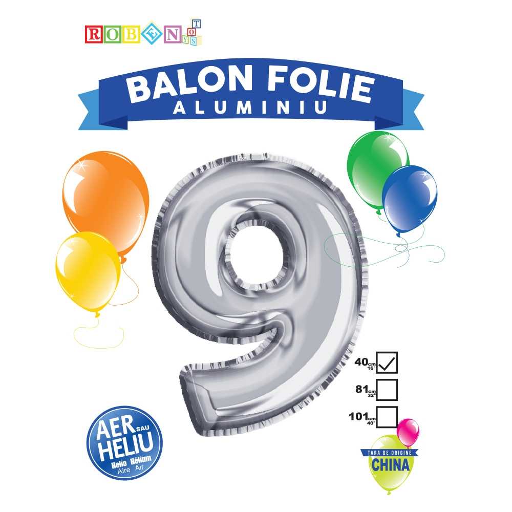 Balon, folie aluminiu, argintiu, cifra 9, 40 cm