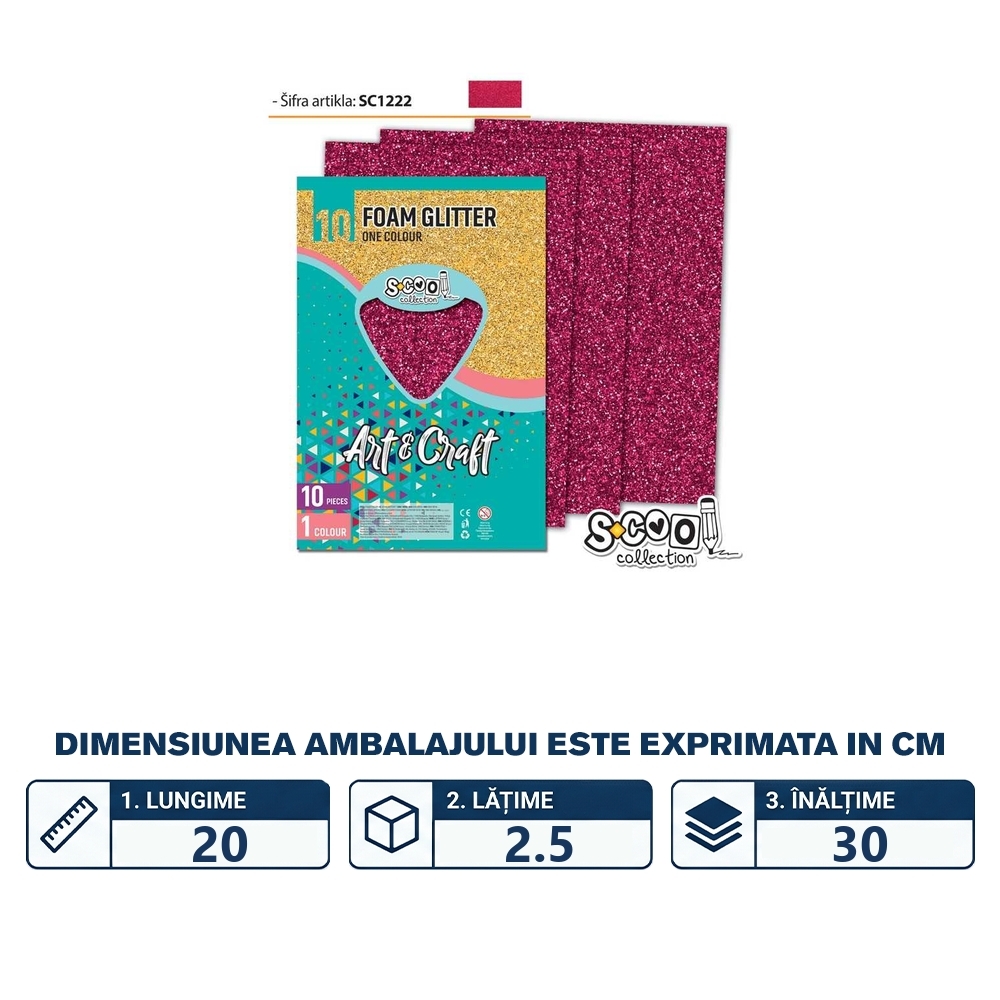 Hartie buretata, glitter, rubiniu, 10 buc/set, 20x30 cm - S-COOL - imagine 2