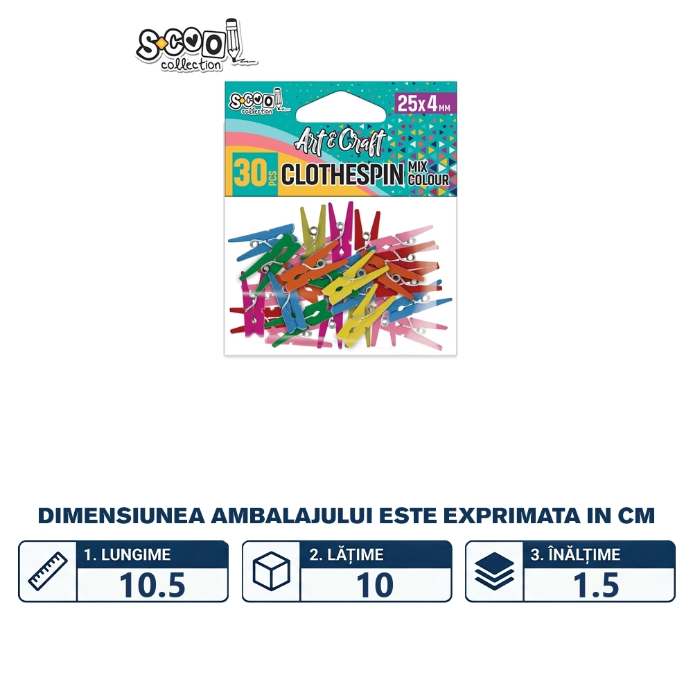 Accesorii craft, carlige lemn, colorate, 25x4 mm, 30 buc/set - S-COOL - imagine 2