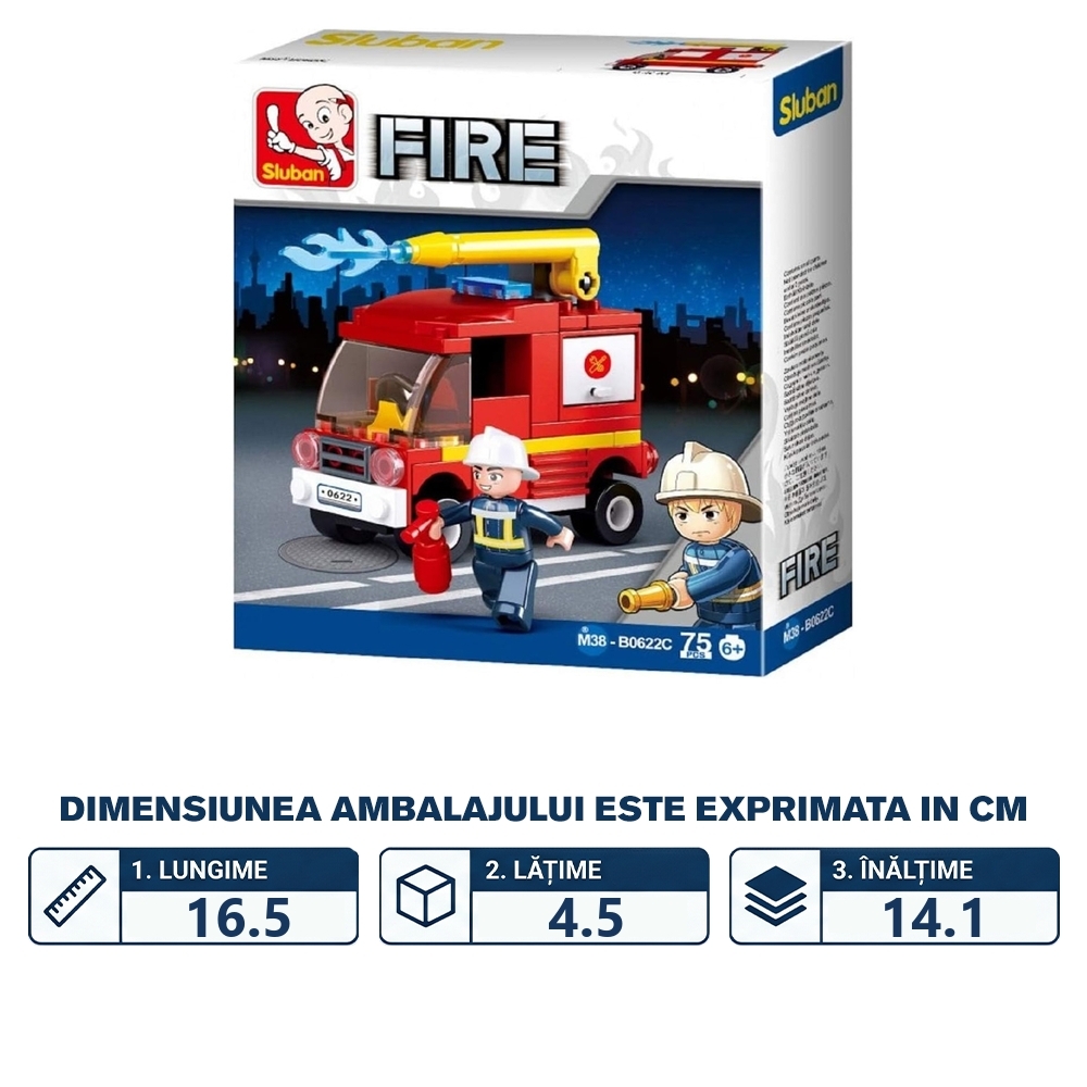 Set de constructie Fire, 75 piese, Autospeciala pompieri, mica - Sluban - imagine 2
