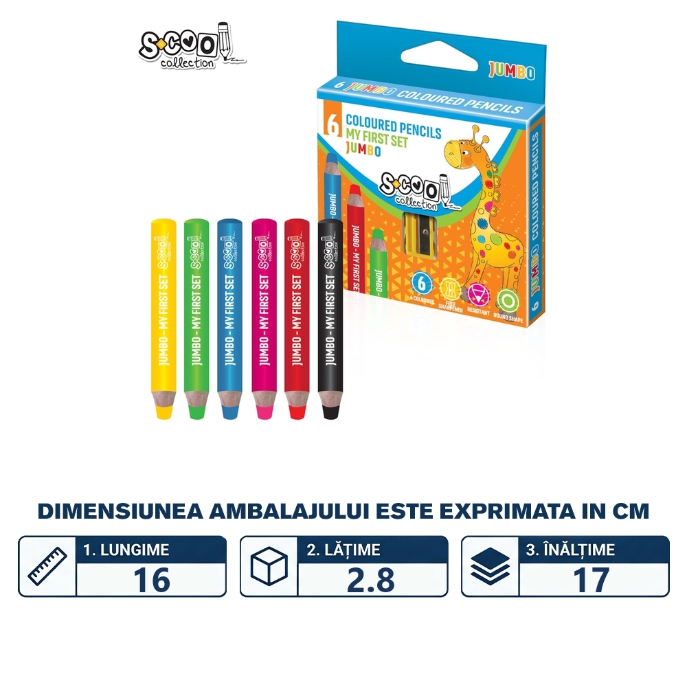 Creioane color JUMBO 8 mm + ascutitoare, 6 cul/set - S-COOL - imagine 2