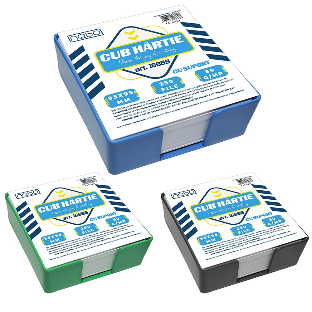 Cub hartie, cu suport, 9.5x9.5 cm, 80 gr, 250 coli/set - NEBO