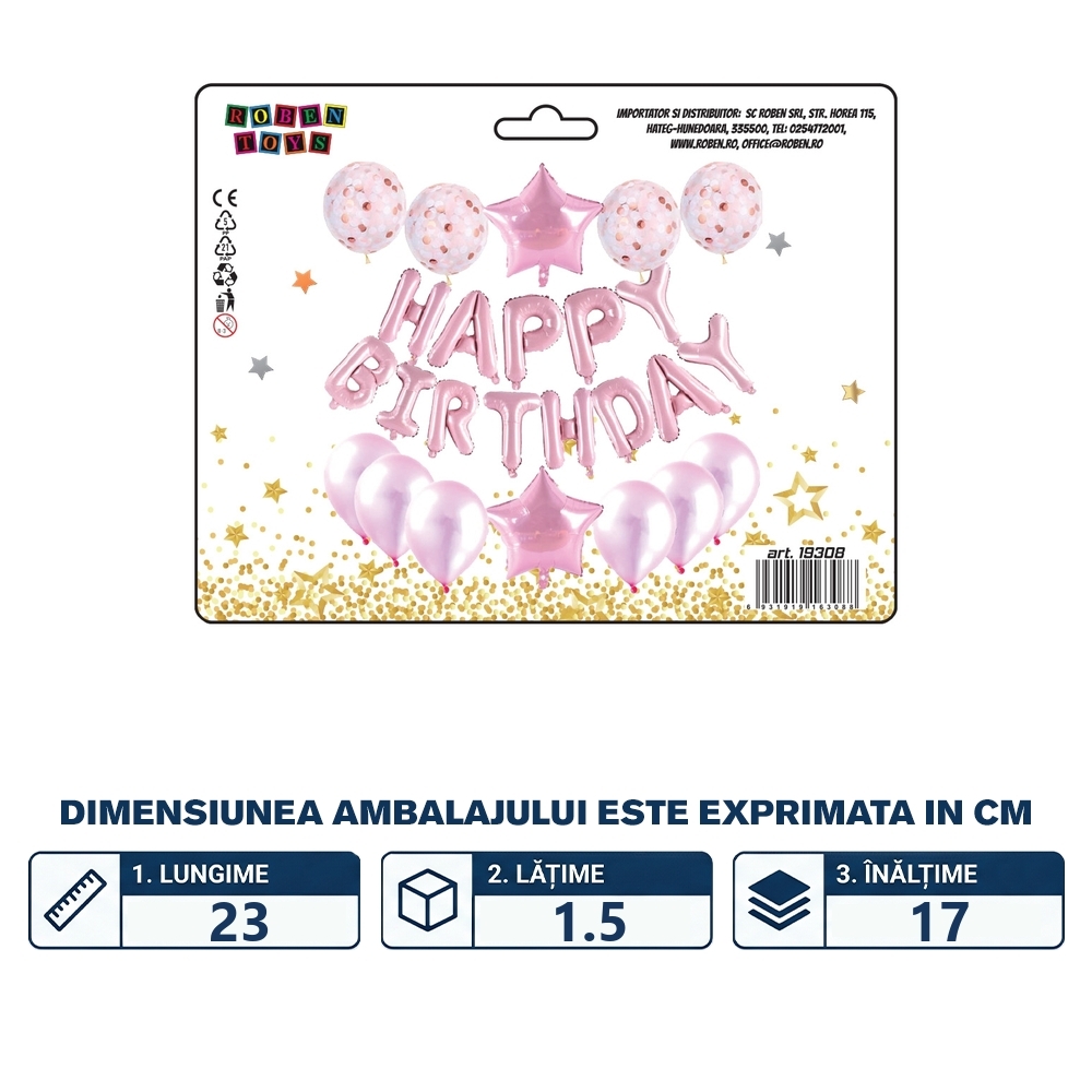 Baloane folie aluminiu, Happy Birthday, Roz, 25 buc/set - imagine 2