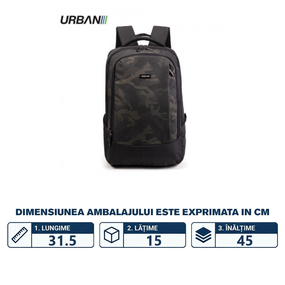 Ghiozdan compartiment laptop, DARK CAMOUFLAGE, 31.5x15x45 cm - OFFISHOP - imagine 2