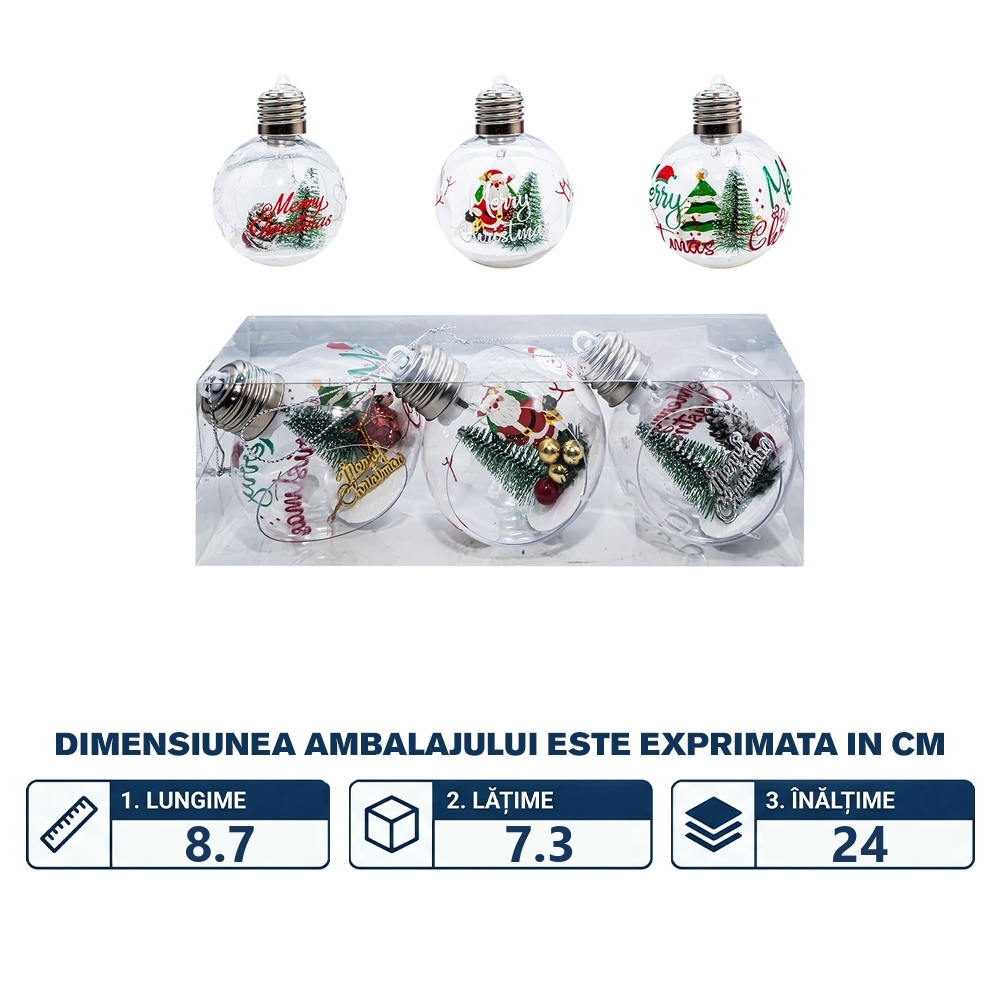 Globuri pom Craciun cu lumina, 3 buc/set - imagine 2