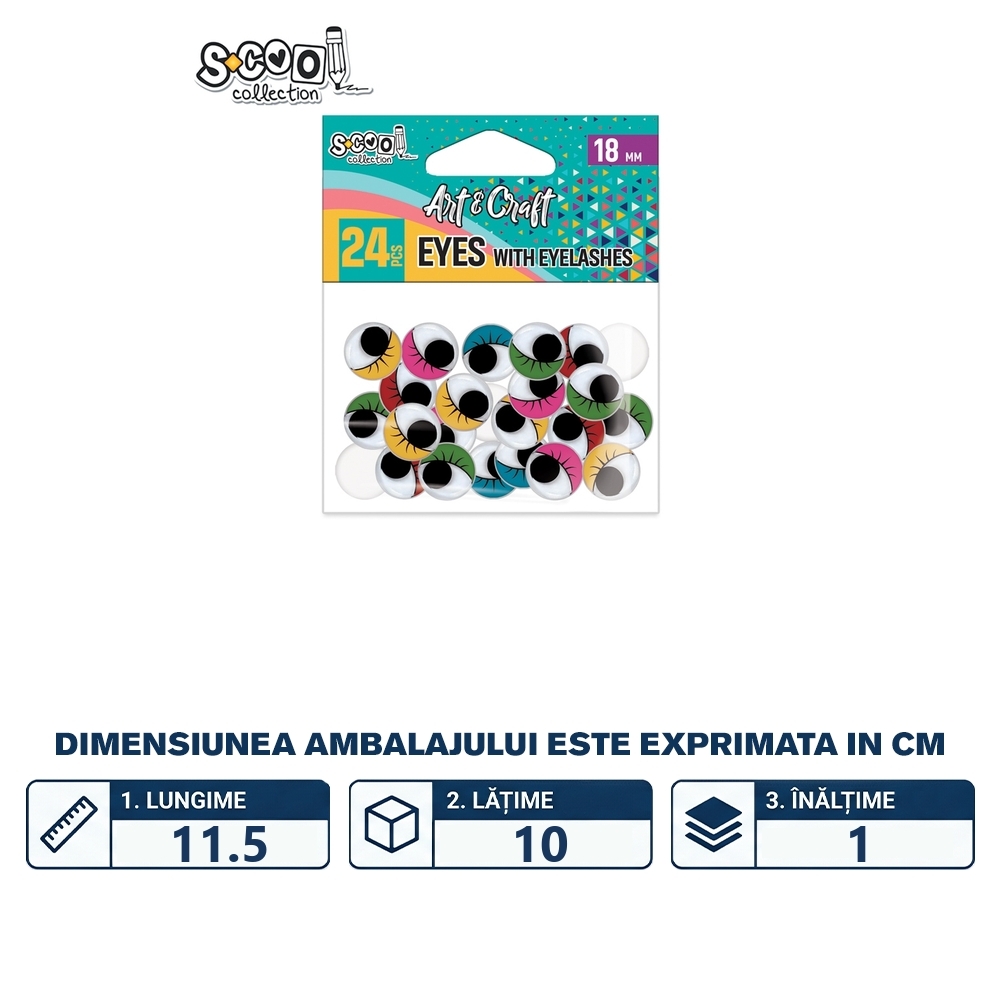Accesorii craft, ochisori color cu gene, 18 mm, 24 buc/set - S-COOL - imagine 2