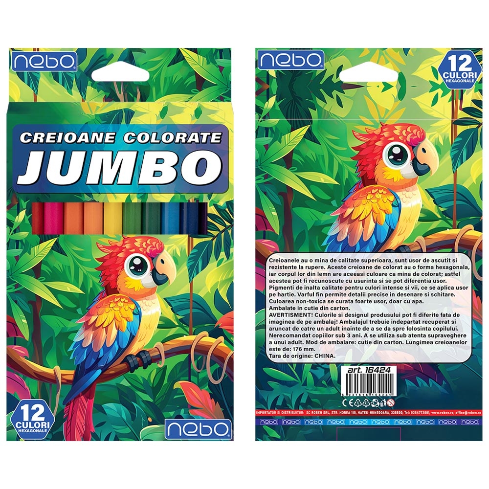 Creioane color, hexagonale, Jumbo, 12 culori - NEBO