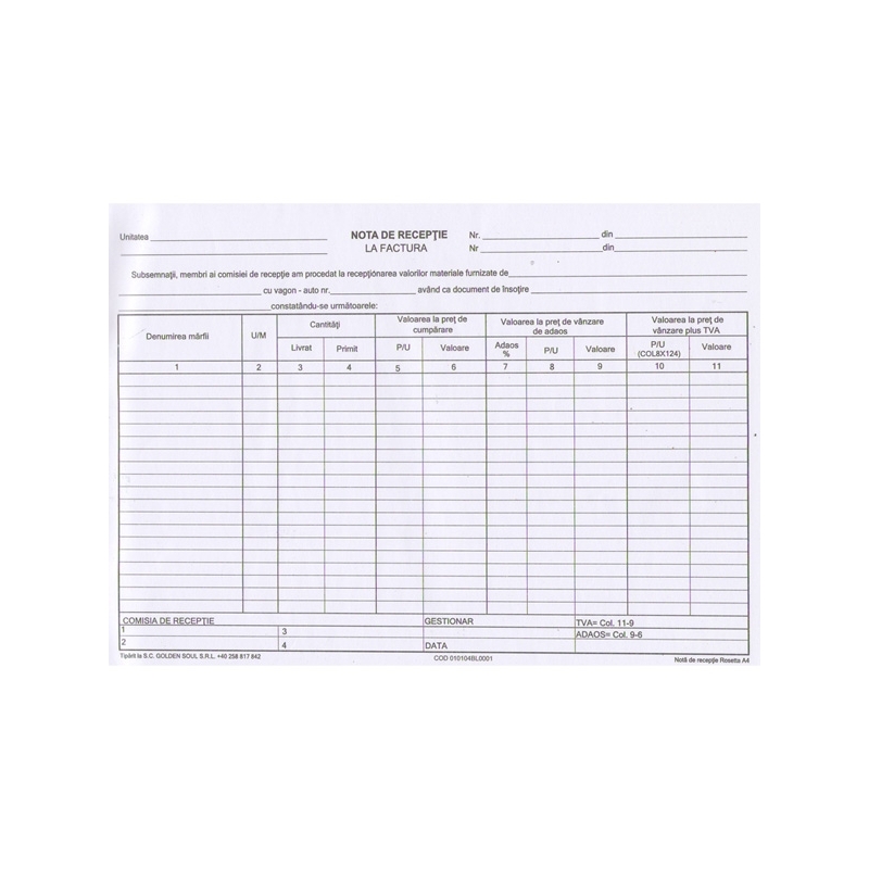 Nota de receptie A4, 100 file