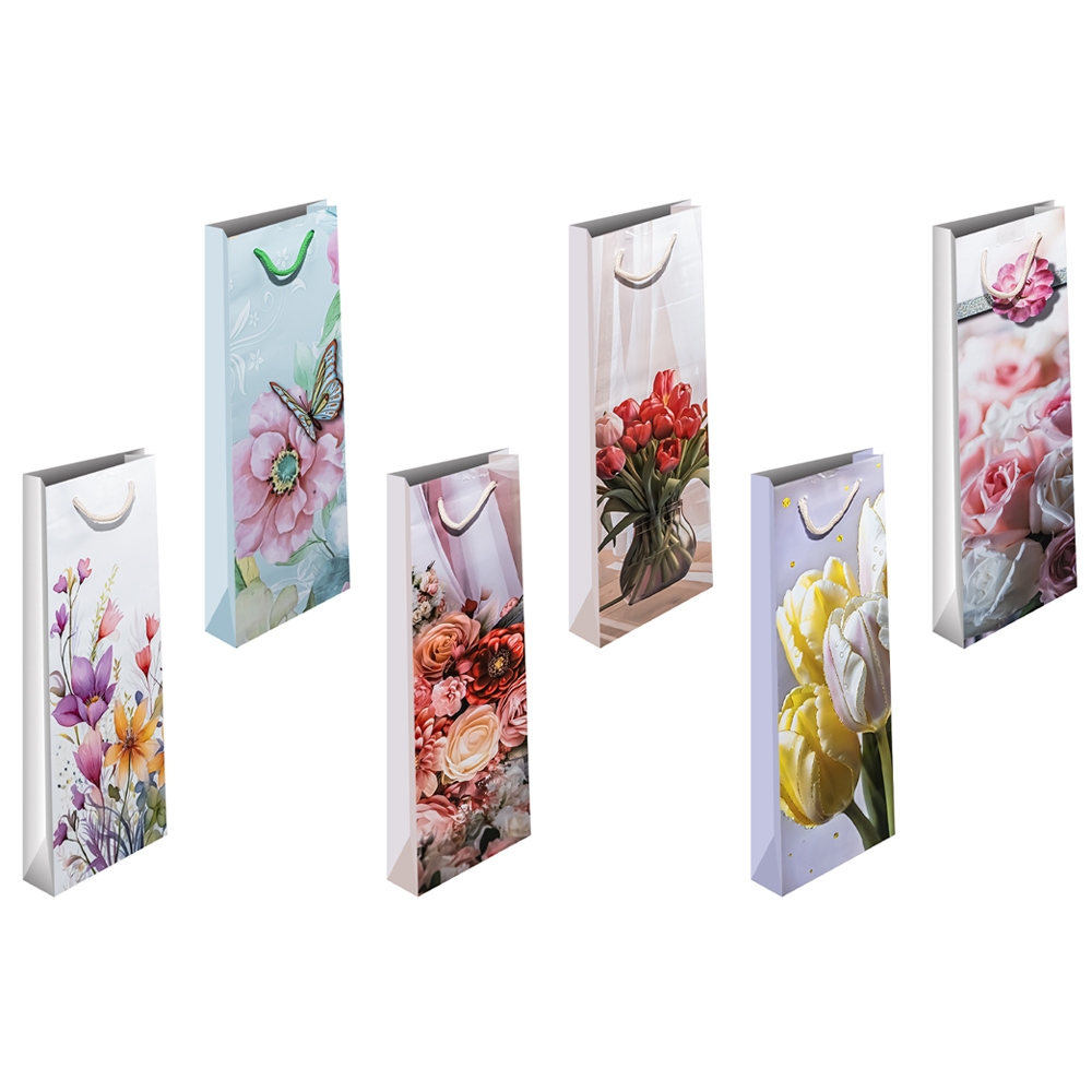 Punga cadou cu flori, pentru sticle, 10x33x9 cm