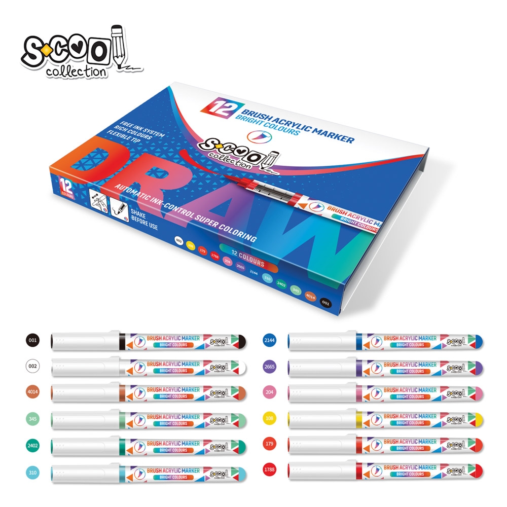 Markere cu vopsea acrilica, varf tip pensula, 12 buc/set - S-COOL