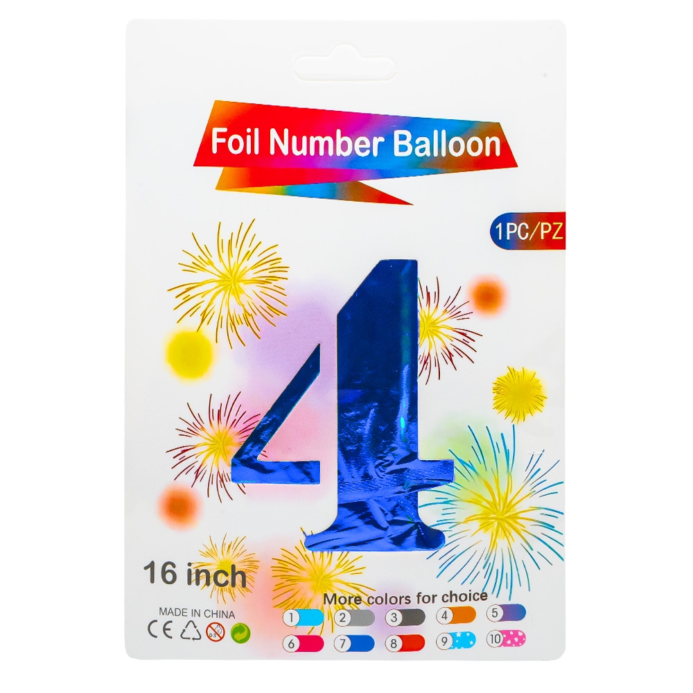 Balon, folie aluminiu, Albastru, cifra 4, 40 cm
