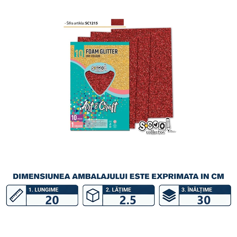 Hartie buretata, glitter, rosu, 10 buc/set, 20x30 cm - S-COOL - imagine 2