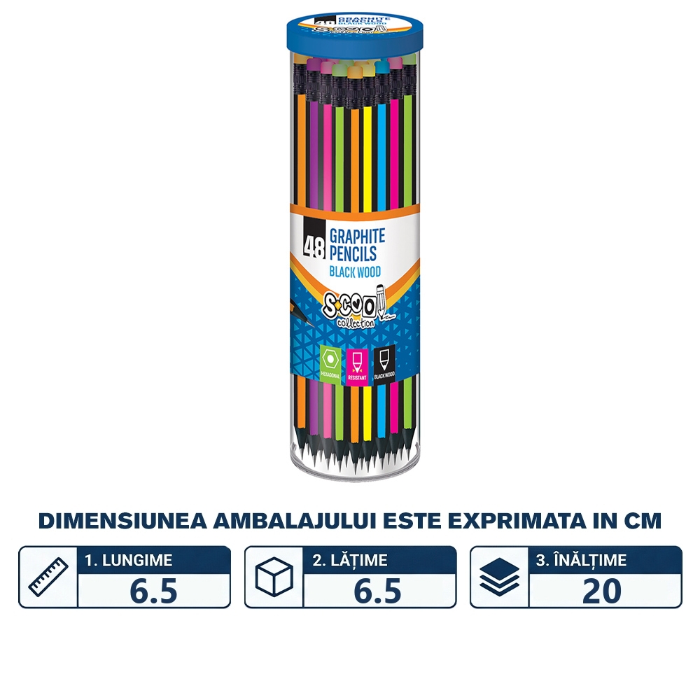 Creion grafit HB, cu radiera, hexagonal/lemn negru, 48 buc/cutie - S-COOL - imagine 2
