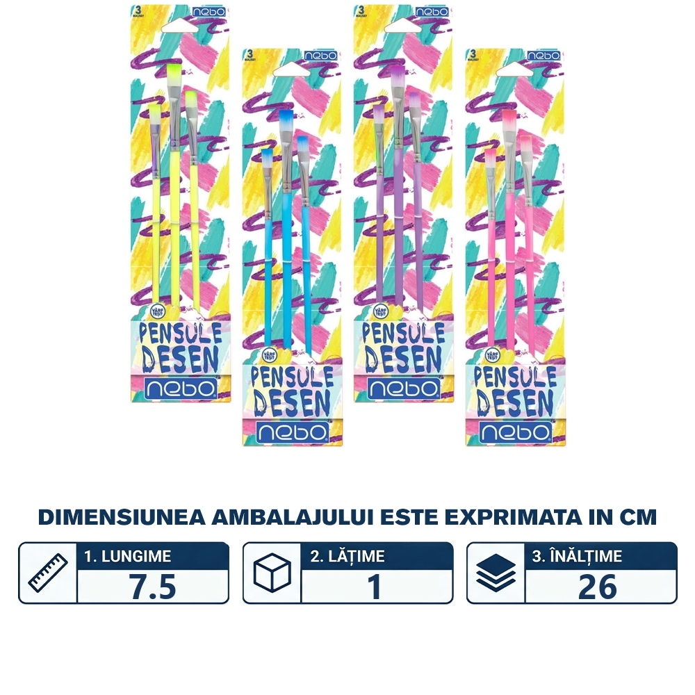 Pensule desen, culori pastel, varf tesit, 3 buc/set - NEBO - imagine 2