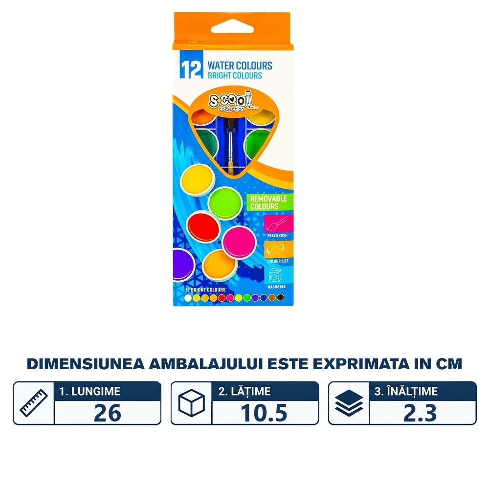 Acuarele, 12 culori, 30 mm , pensula, premium - S-COOL - imagine 2