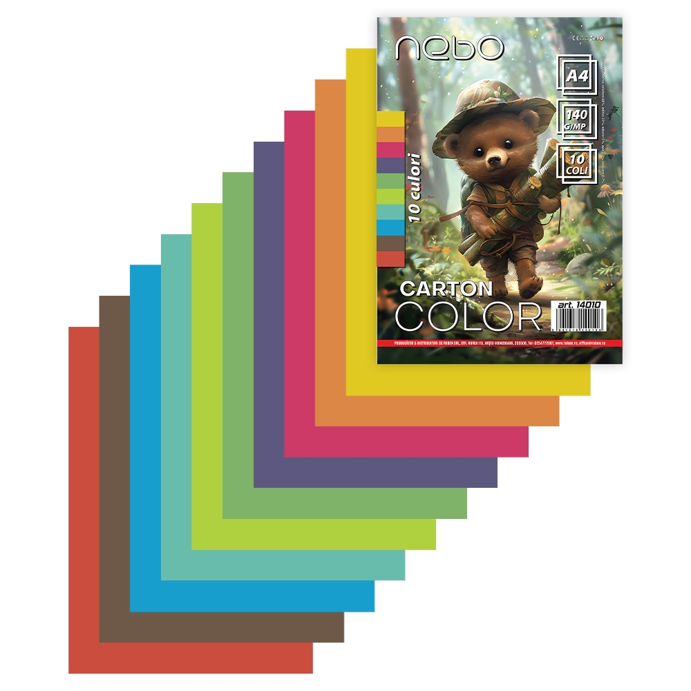 Carton color A4, 10 culori, 140 g, 10 coli/set - NEBO