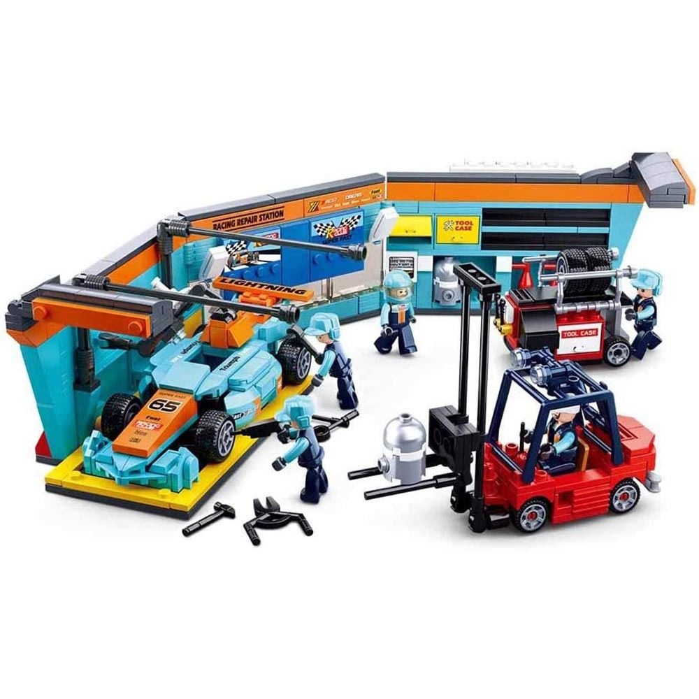 Set de constructie Racing Team, 555 piese, Echipa de piloti la Pit stop - Sluban - imagine 3