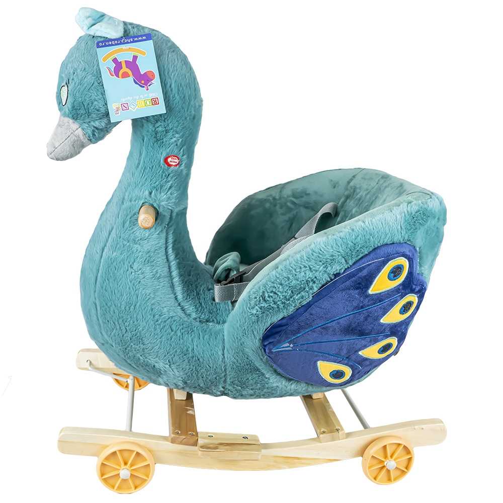 Balansoar pentru bebelusi, Paun, lemn + plus, cu rotile, 66 cm - imagine 2