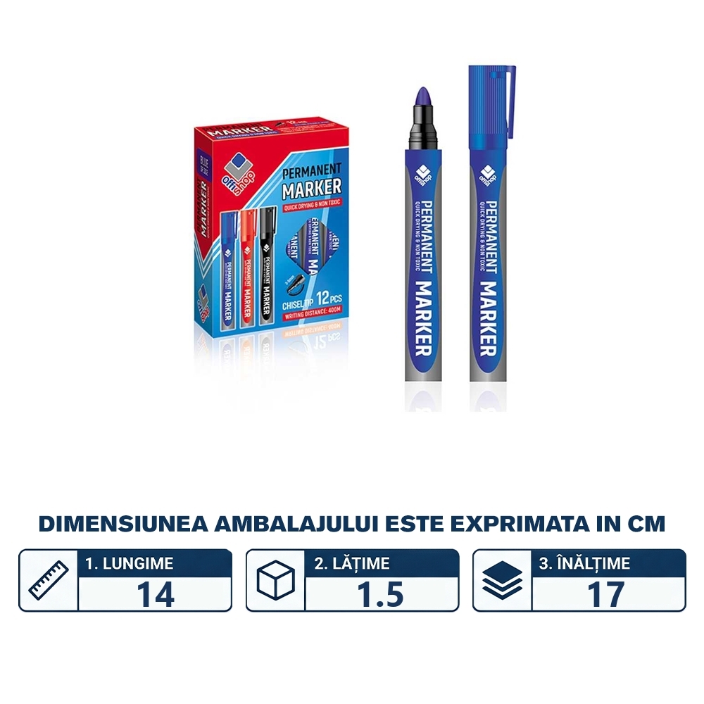 Marker permanent, rotund, albastru, 12 buc/set - OFFISHOP - imagine 2