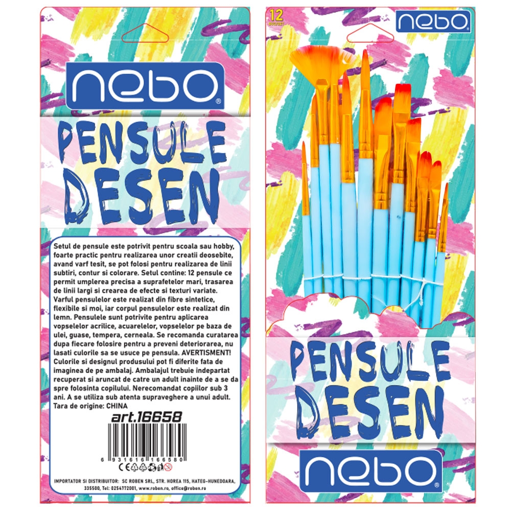 Pensule desen, culori pastel, mix, 12 buc/set - NEBO - imagine 3