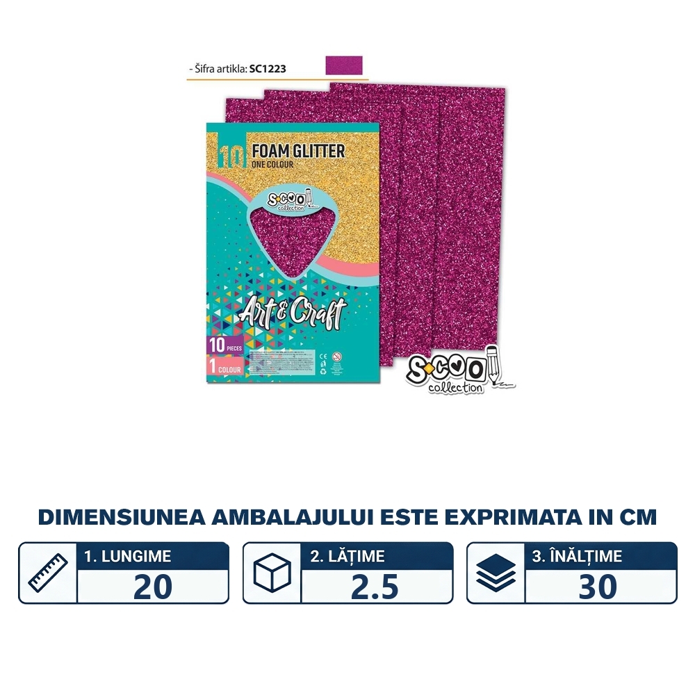 Hartie buretata, glitter, purpuriu, 10 buc/set, 20x30 cm - S-COOL - imagine 2