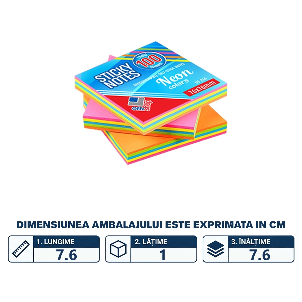 Notes adeziv neon, 75x75mm, multicolor, 100 coli - OFFISHOP - imagine 2