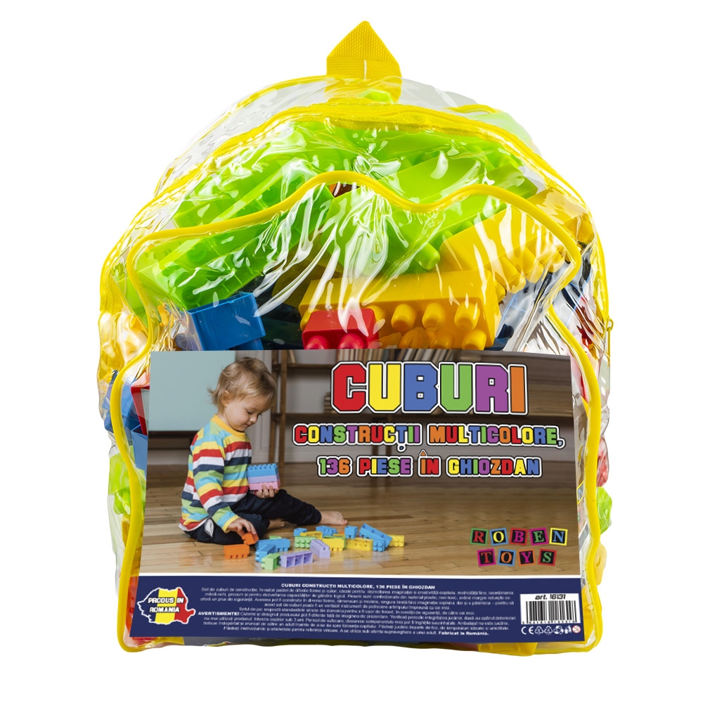 Cuburi constructii, multicolore, 136 piese/ghiozdan - ROBENTOYS - imagine 5