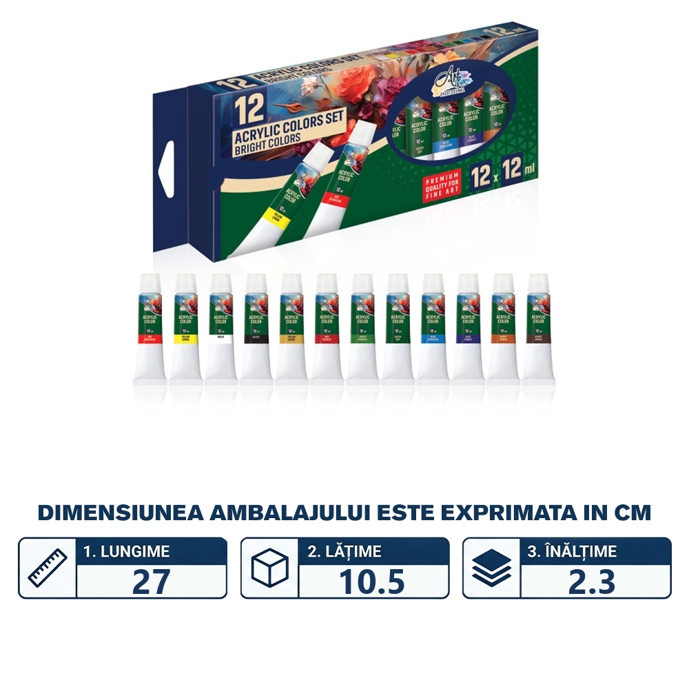 Vopsea acrilica profesionala, 12 ml, 12 cul/set - ARTLINE - imagine 2
