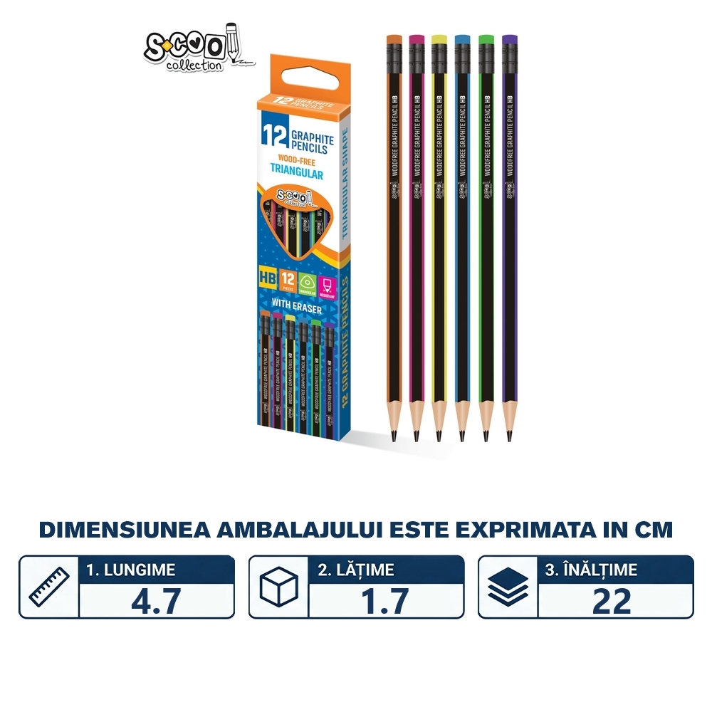Creion grafit HB, cu radiera, triunghiular, 12 buc/cutie - S-COOL - imagine 2