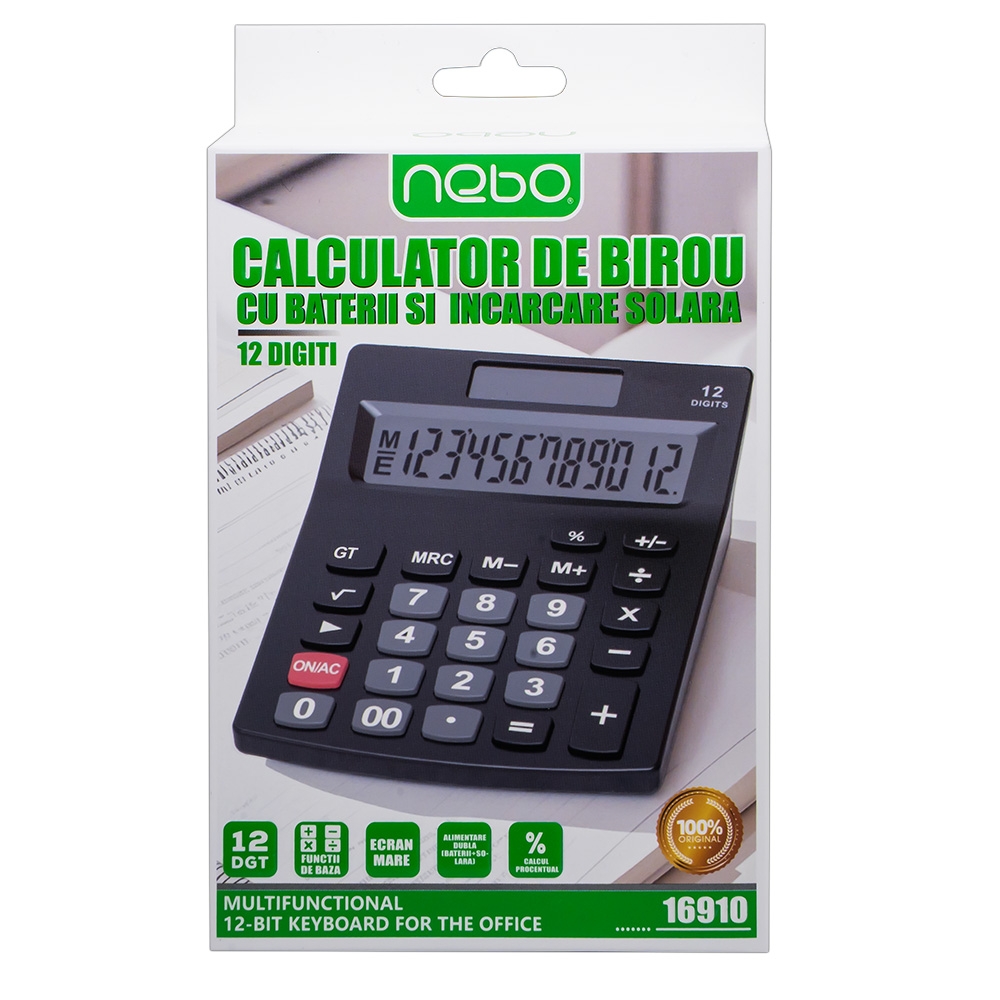 Calculator de birou, 12 digiti, cu baterii si incarcare solara - NEBO - imagine 3