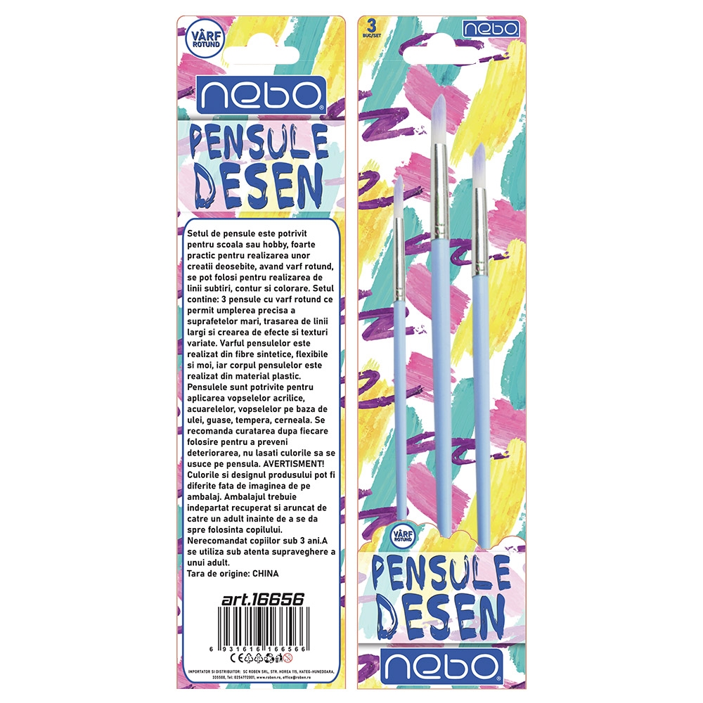 Pensule desen, culori pastel, varf rotund, 3 buc/set - NEBO - imagine 4