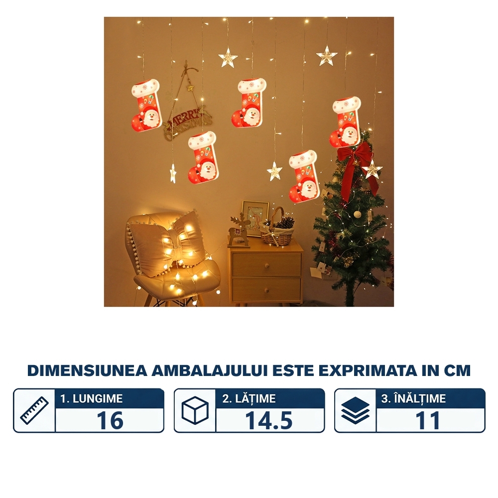 Instalatie pom Craciun, Perdea luminoasa - Stelute + Cizmulite, alba, 2.60x0.65 cm - imagine 2