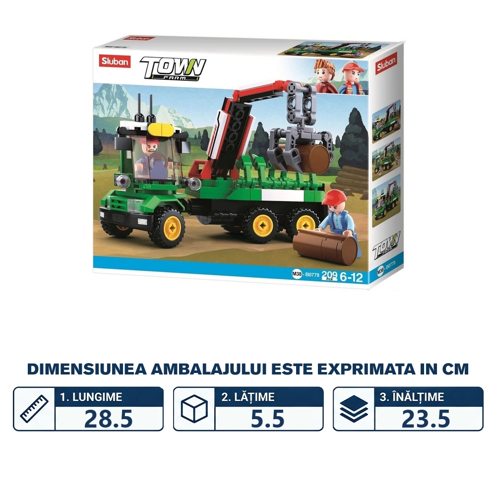 Set de constructie Farm, 209 piese, Tractor cu remorca lemne - Sluban - imagine 2