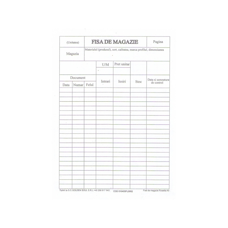 Fisa de magazie A5, carton velin, 100/bloc