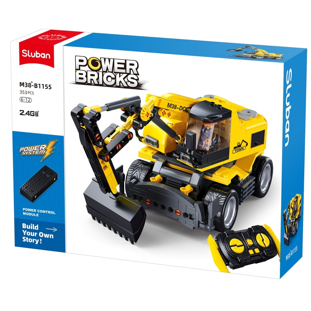 Set de constructie Power bricks, 353 piese, Excavator cu roti, E7, cu RC - Sluban