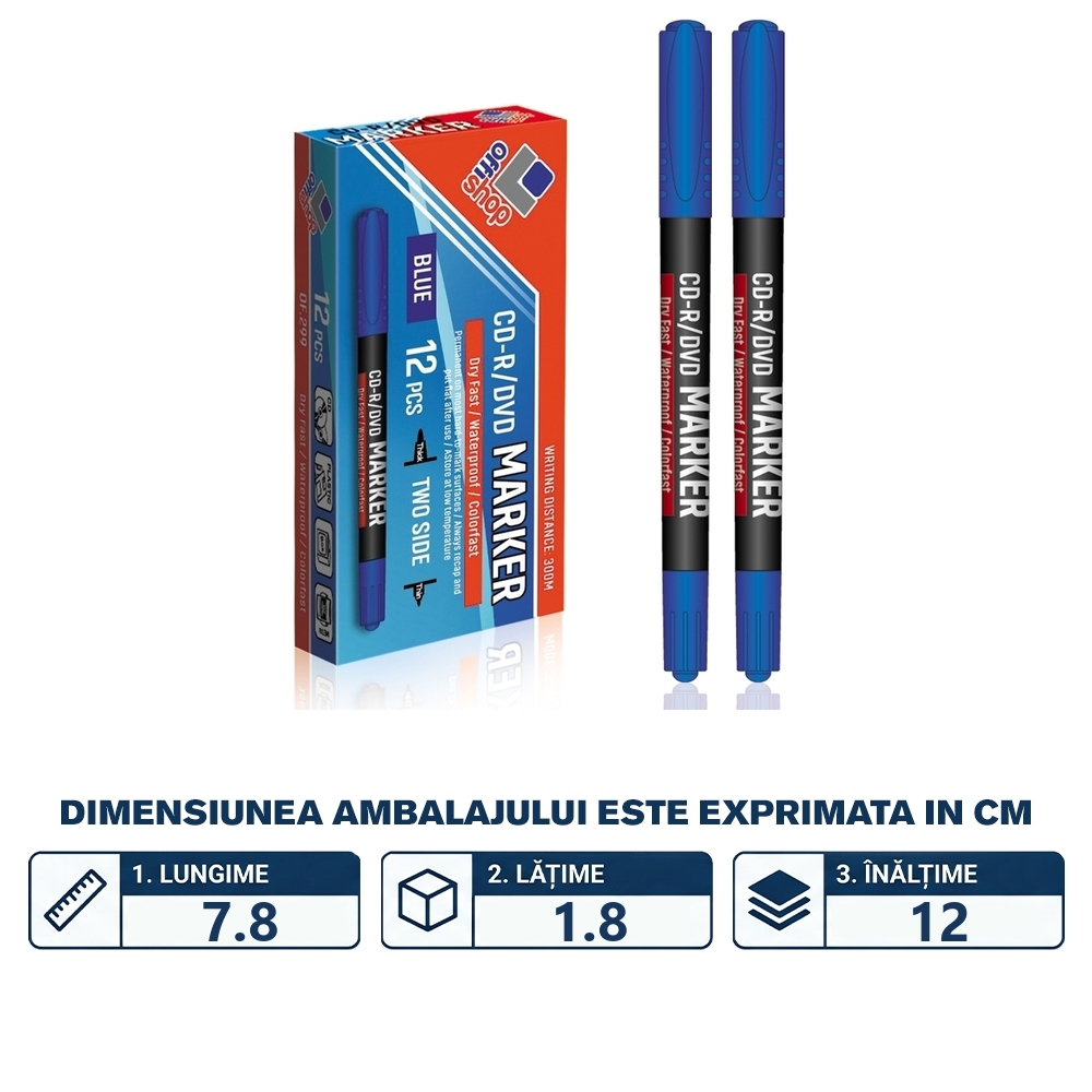 Marker CD/DVD 2 capete, albastru, 0,5-0,1 mm, 12 buc/set - OFFISHOP - imagine 2