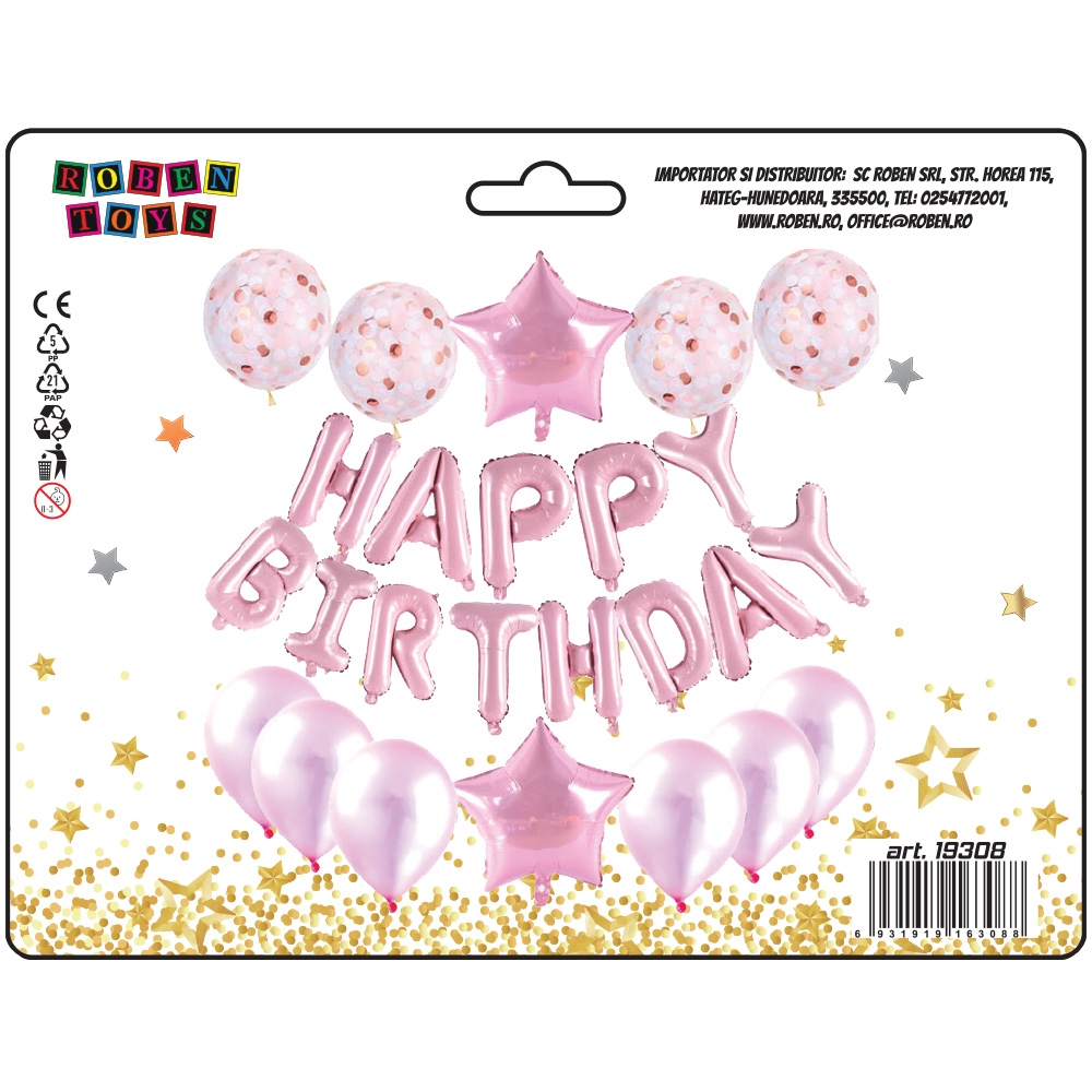 Baloane folie aluminiu, Happy Birthday, Roz, 25 buc/set