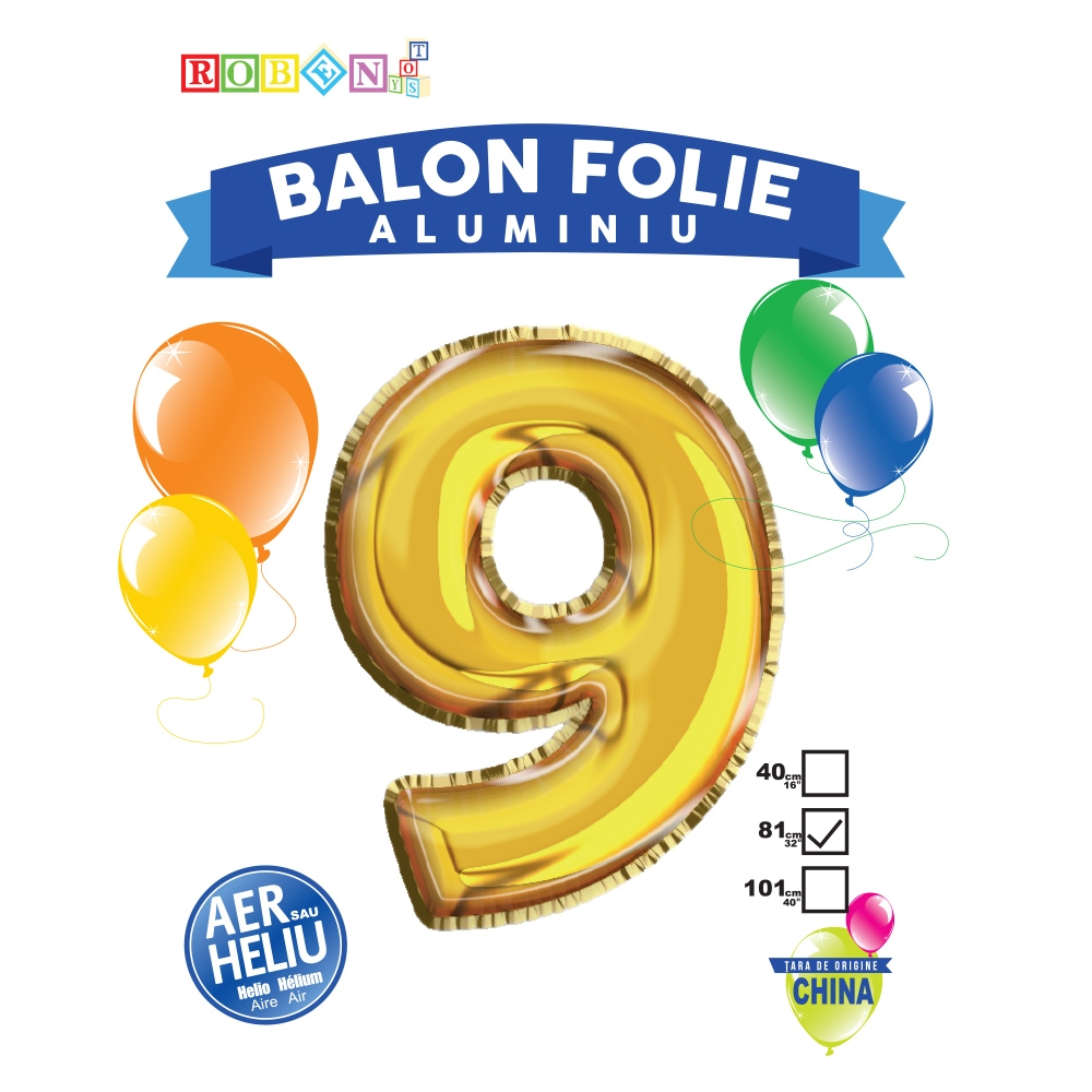 Balon, folie aluminiu, auriu, cifra 9, 81 cm