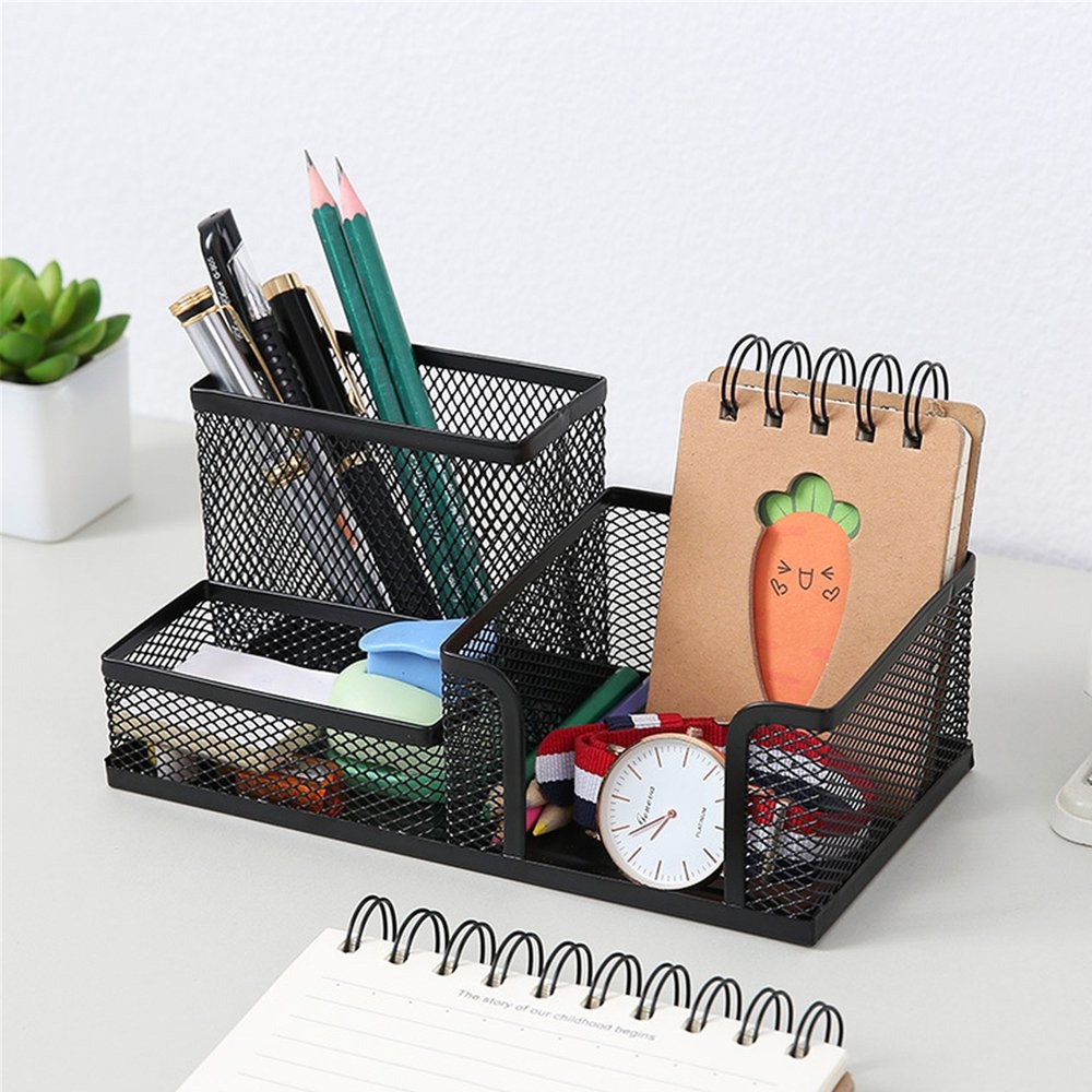 Suport birou MESH, 3 compartimente, negru, 20x10x10 cm - OFFISHOP - imagine 3