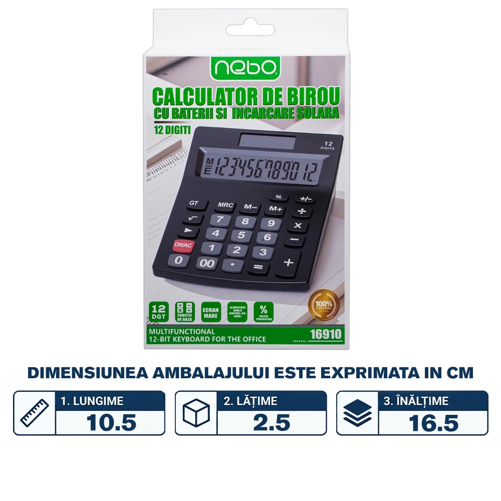 Calculator de birou, 12 digiti, cu baterii si incarcare solara - NEBO - imagine 2