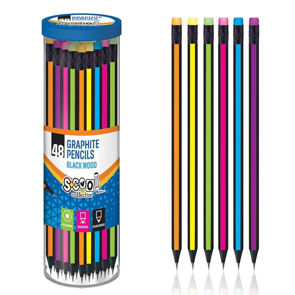 Creion grafit HB, cu radiera, hexagonal/lemn negru, 48 buc/cutie - S-COOL
