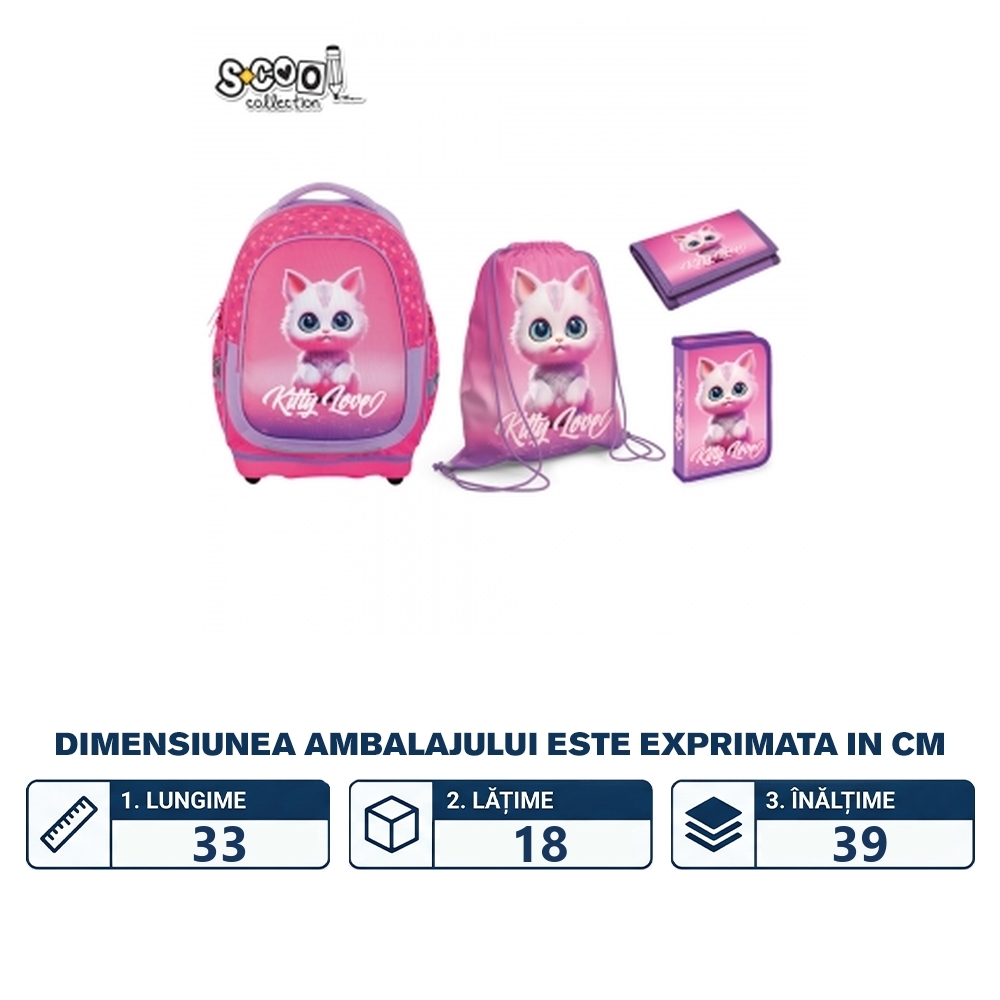 Set Micul Scolar: Ghiozdan, Penar echipat, Sac Sport, Portofel, Kitty Love - S-COOL - imagine 2